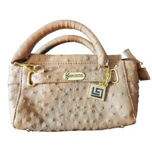 Lori Greiner mini cell phone purse tan ostrich look double handle small purse